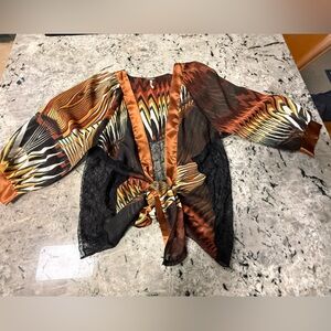 BKE Rust and Black Printed Sheer Tie-Front Blouse